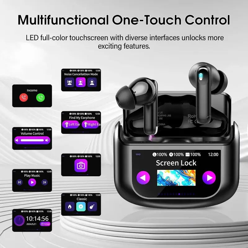 Wireless 5.4 Smart Headphones, Versatile Touchscreen Earbuds with 5 EQ Modes, 48H In-Ear Bass Stereo with ANC
