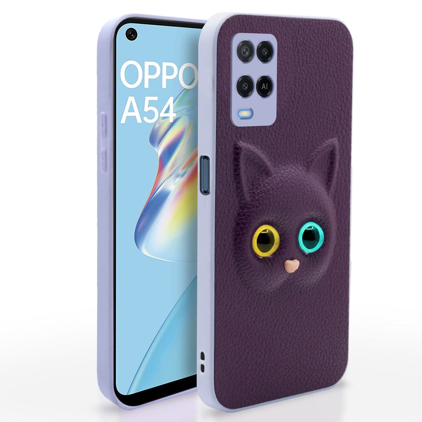(Buy 1 Get 1 Free) Oppo A54 Back Cover for Girls | Cute Cat Leather Finish | Soft TPU | Case