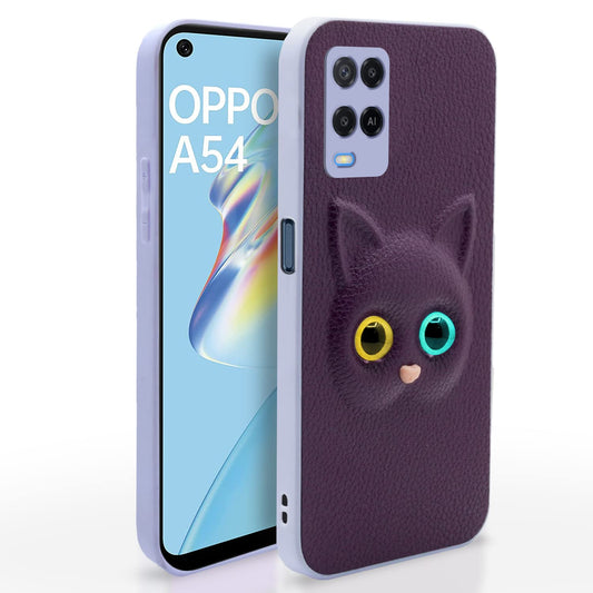 (Buy 1 Get 1 Free) Oppo A54 Back Cover for Girls | Cute Cat Leather Finish | Soft TPU | Case