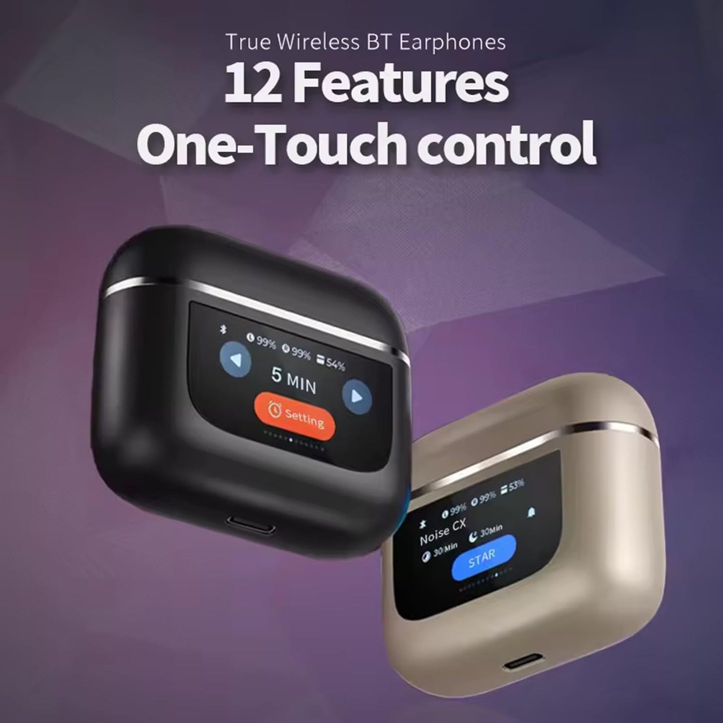 True Wireless Stereo in Ear Earbuds with Touch LCD Display and Active Noise-Cancellation