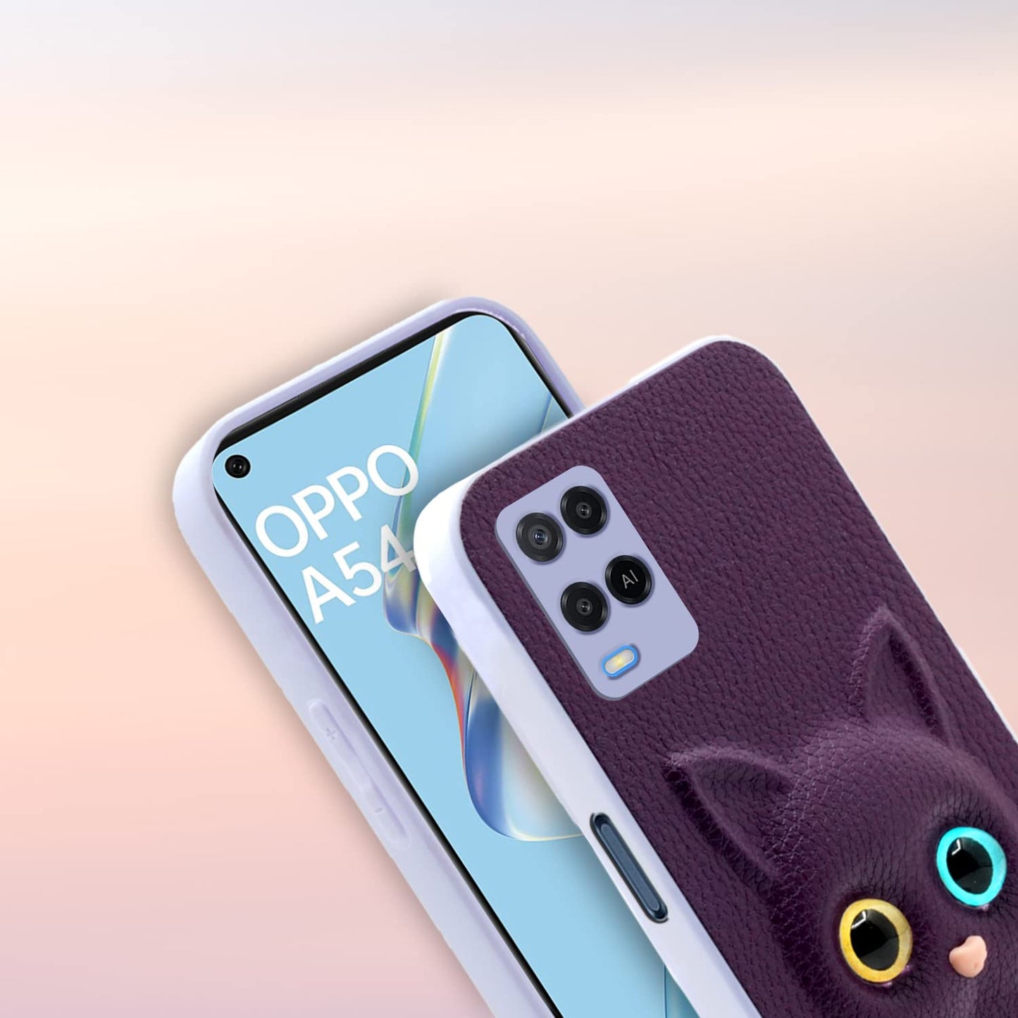 (Buy 1 Get 1 Free) Oppo A54 Back Cover for Girls | Cute Cat Leather Finish | Soft TPU | Case