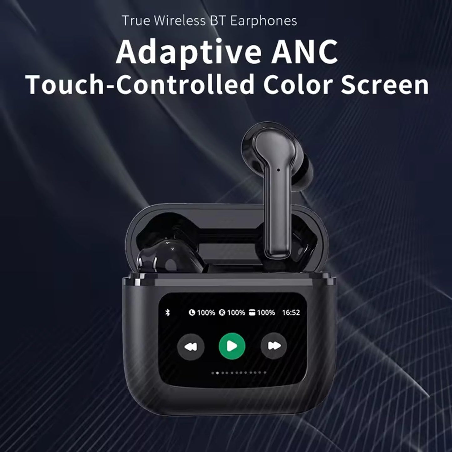 True Wireless Stereo in Ear Earbuds with Touch LCD Display and Active Noise-Cancellation