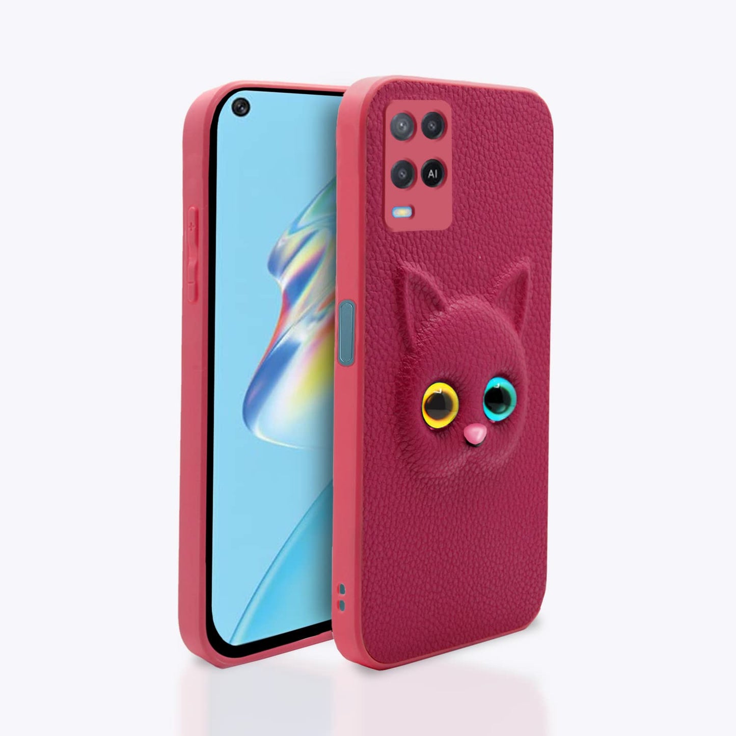 (Buy 1 Get 1 Free) Oppo A54 Back Cover for Girls | Cute Cat Leather Finish | Soft TPU | Case