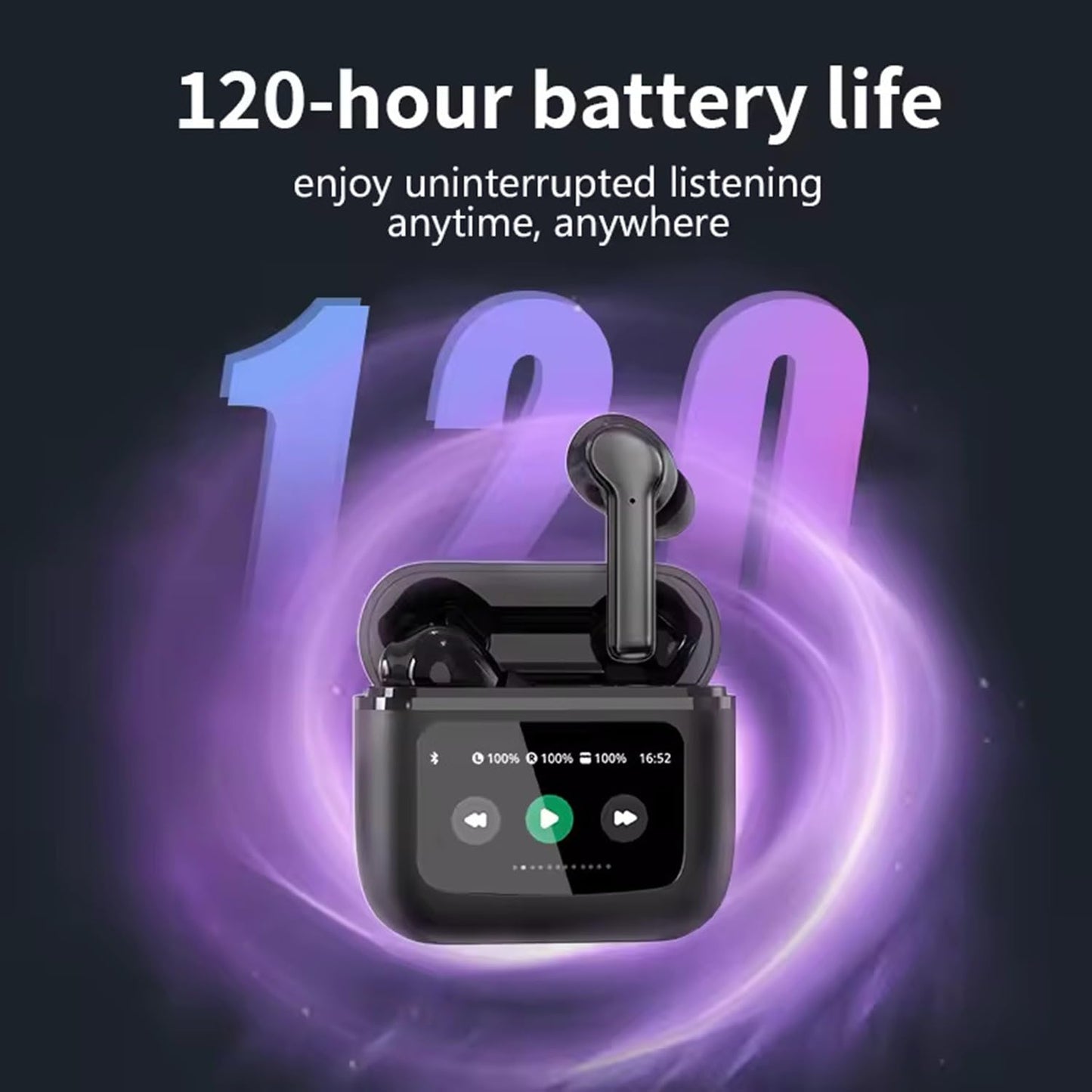 True Wireless Stereo in Ear Earbuds with Touch LCD Display and Active Noise-Cancellation