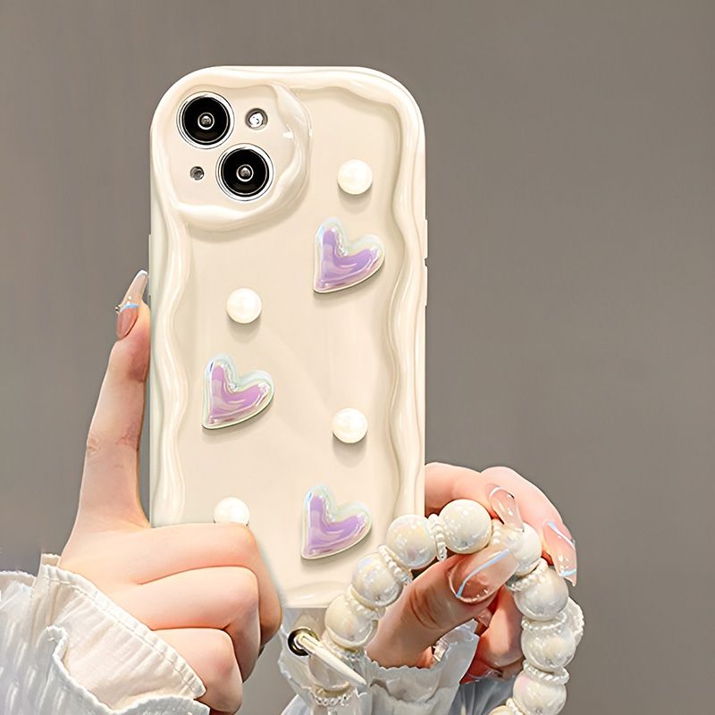(Buy 1 Get 1 Free) Milky White 3D Pearl and Heart iPhone Case with Charm