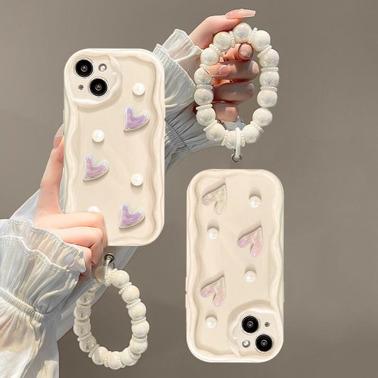 (Buy 1 Get 1 Free) Milky White 3D Pearl and Heart iPhone Case with Charm
