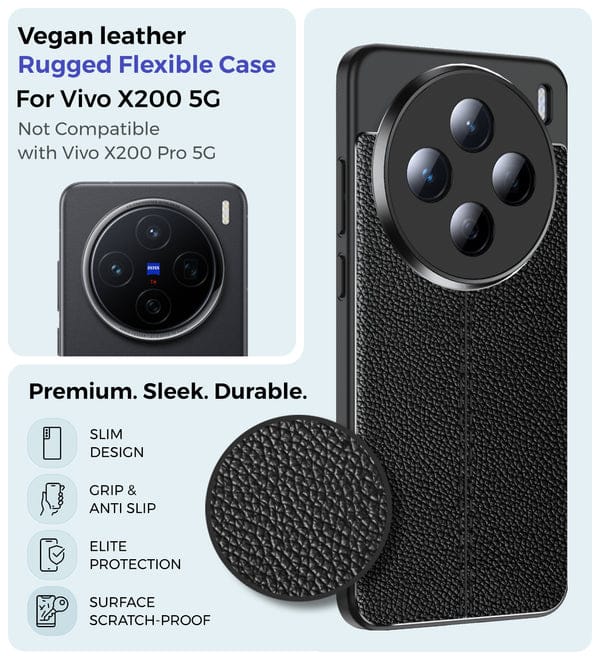 Leather Rugged Flexible TPU Series Shockproof Armor Back Cover for Vivo X200 5G, 6.67 inch