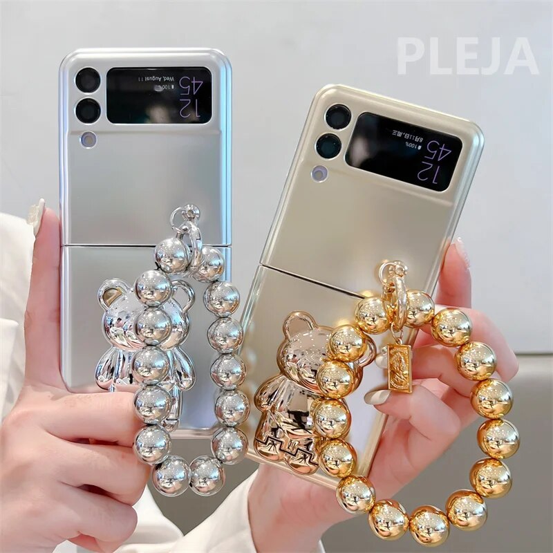 (Buy 1 Get 1 Free) Luxury Plating Bear Stand Cover with Chain- Samsung Flip Case