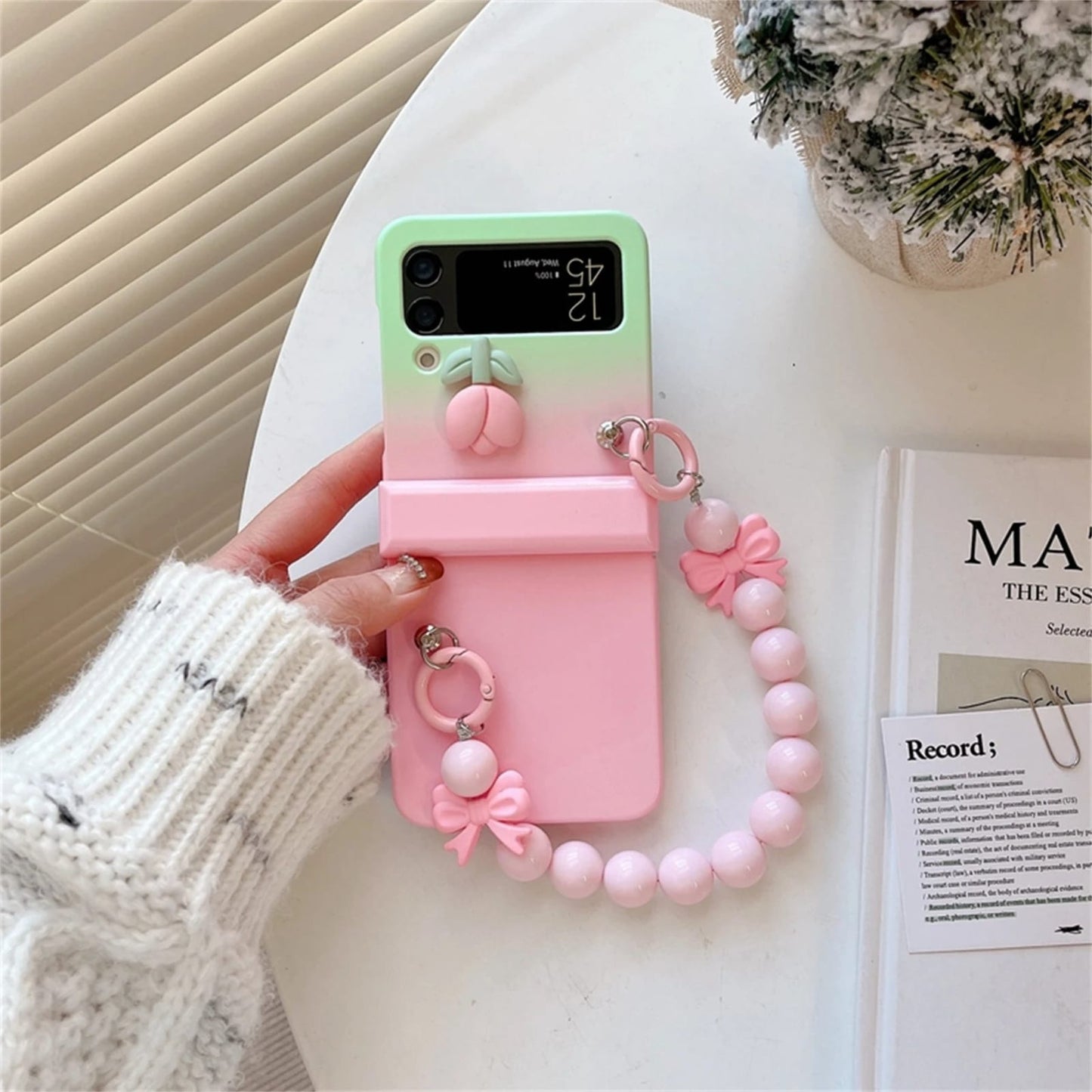 (Buy 1 Get 1 Free) Gradient Pink Flower Samsung Case with Bow Bead Bracelet