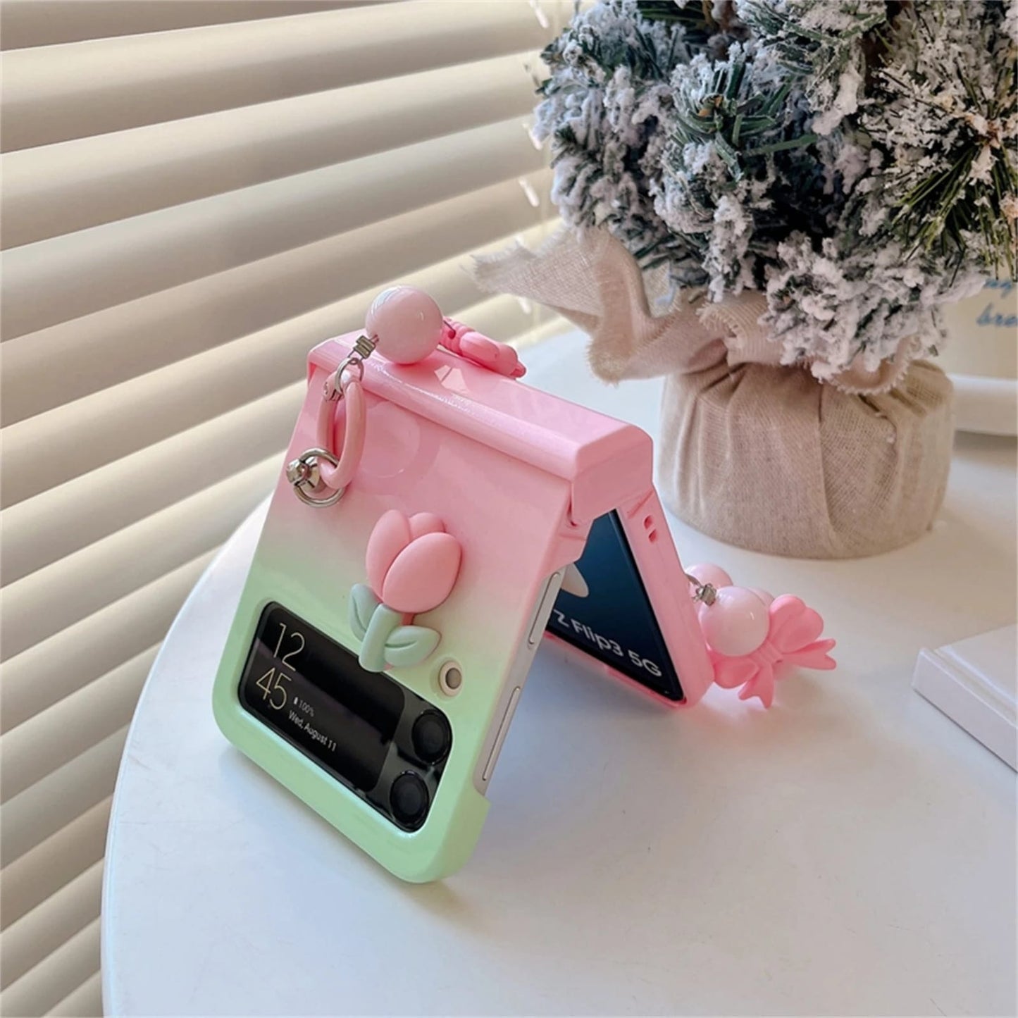 (Buy 1 Get 1 Free) Gradient Pink Flower Samsung Case with Bow Bead Bracelet