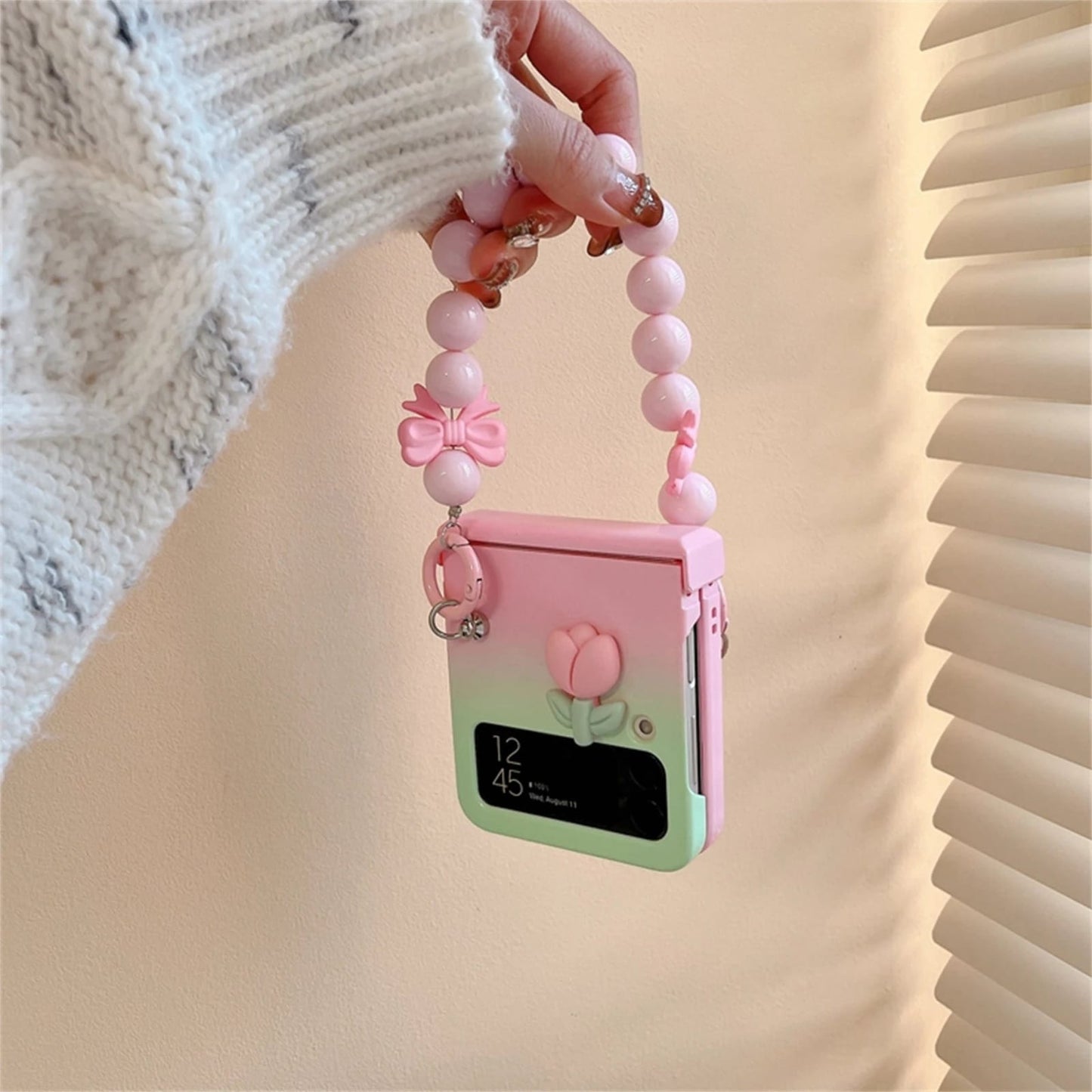 (Buy 1 Get 1 Free) Gradient Pink Flower Samsung Case with Bow Bead Bracelet