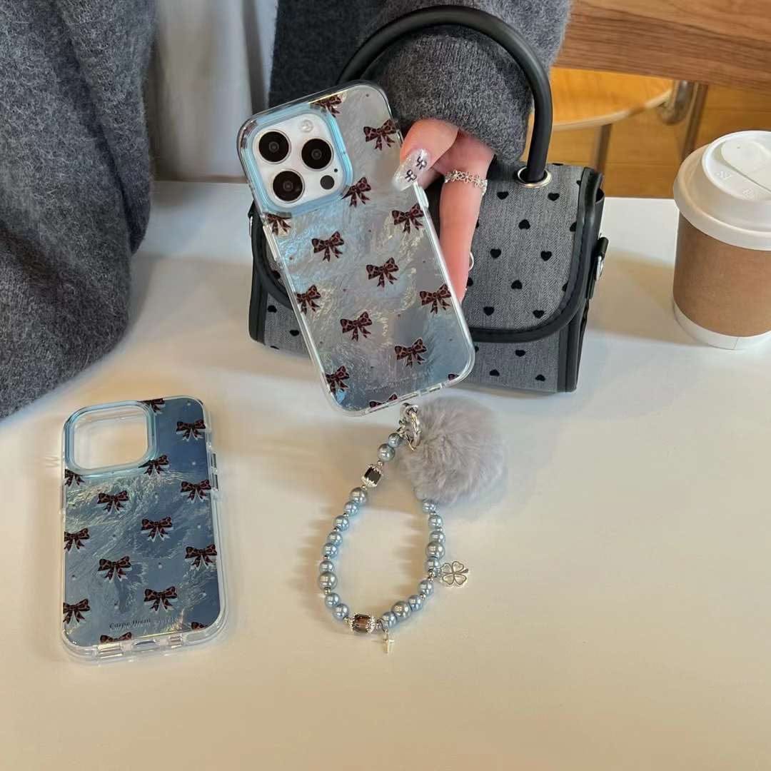 (Buy 1 Get 1 Free) Holographic Bow Pattern Silicon iPhone Case With Rhinestone Charm