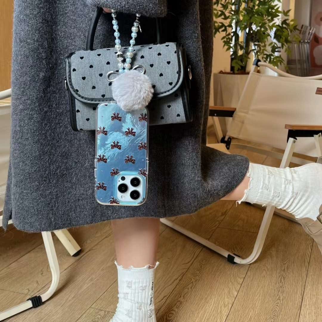 (Buy 1 Get 1 Free) Holographic Bow Pattern Silicon iPhone Case With Rhinestone Charm