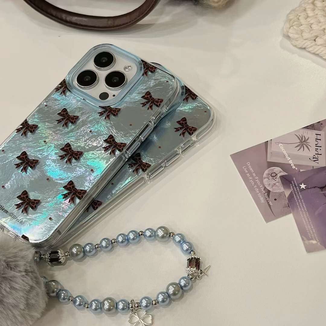 (Buy 1 Get 1 Free) Holographic Bow Pattern Silicon iPhone Case With Rhinestone Charm