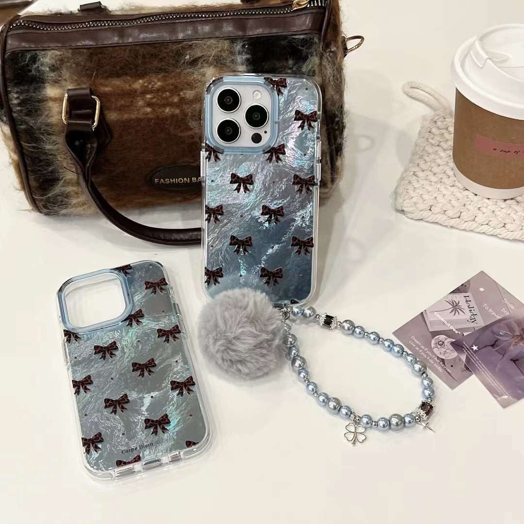 (Buy 1 Get 1 Free) Holographic Bow Pattern Silicon iPhone Case With Rhinestone Charm