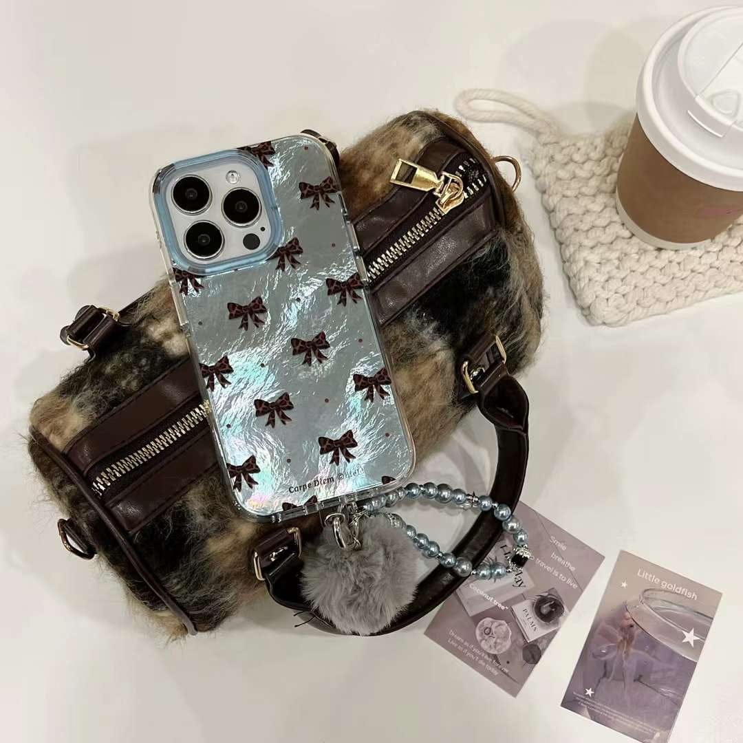 (Buy 1 Get 1 Free) Holographic Bow Pattern Silicon iPhone Case With Rhinestone Charm