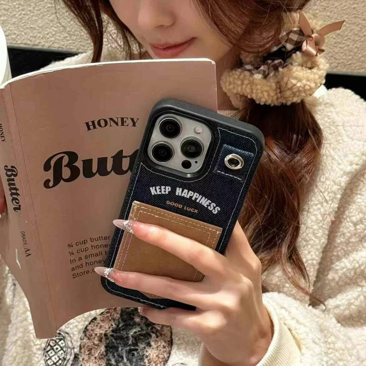 (Buy 1 Get 1 Free) Keep Happiness Card Holder Style iPhone Case With Hand Bracelet