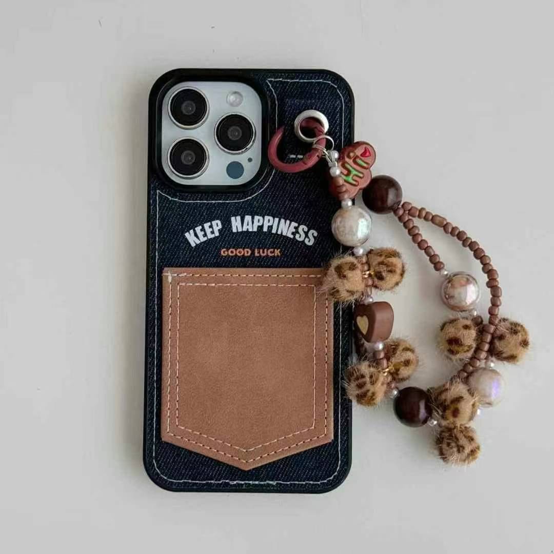 (Buy 1 Get 1 Free) Keep Happiness Card Holder Style iPhone Case With Hand Bracelet