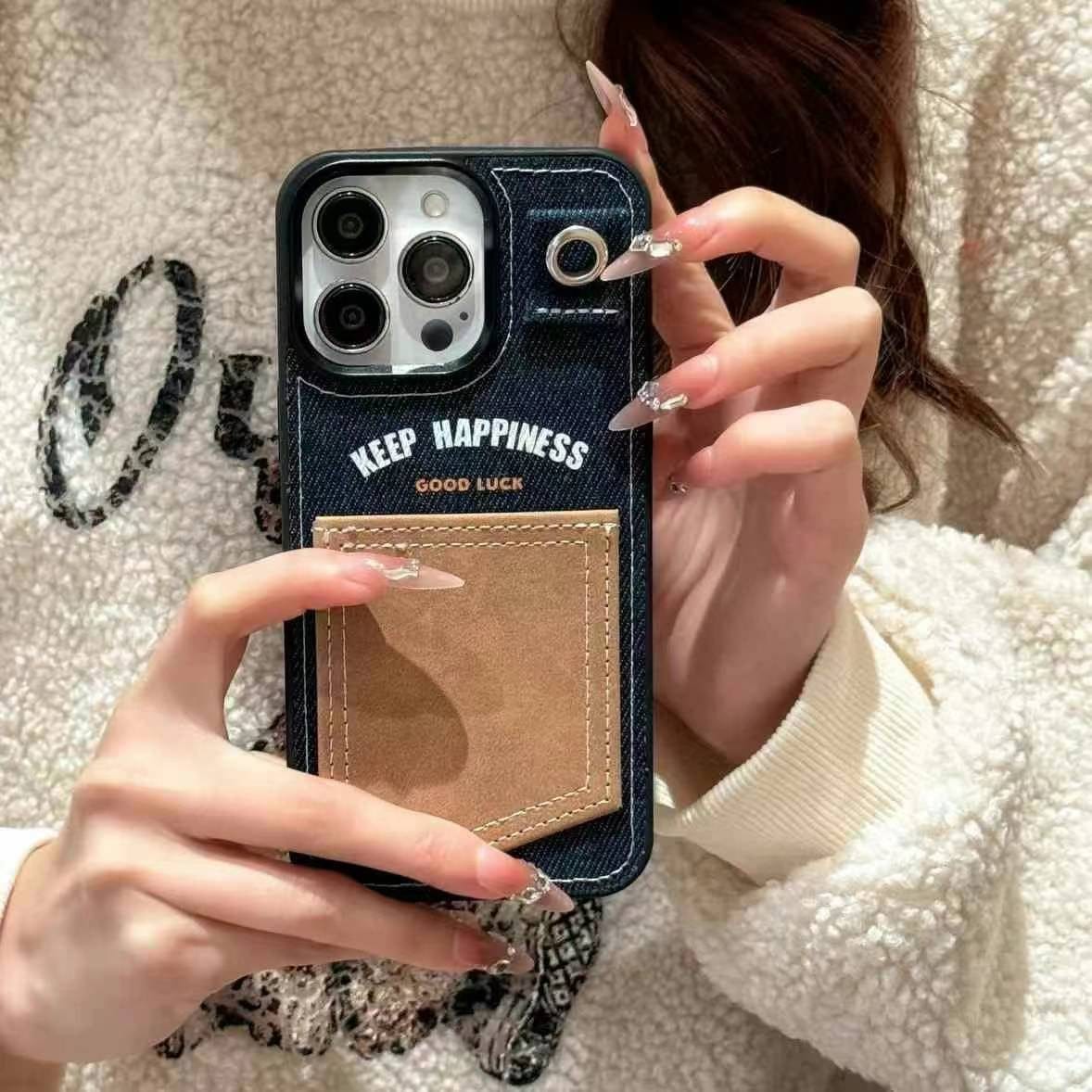 (Buy 1 Get 1 Free) Keep Happiness Card Holder Style iPhone Case With Hand Bracelet