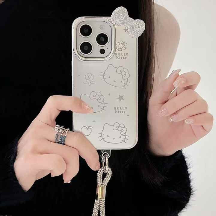 (Buy 1 Get 1 Free) Kitty With Bow Silicon Case For iPhone With Rope Holder