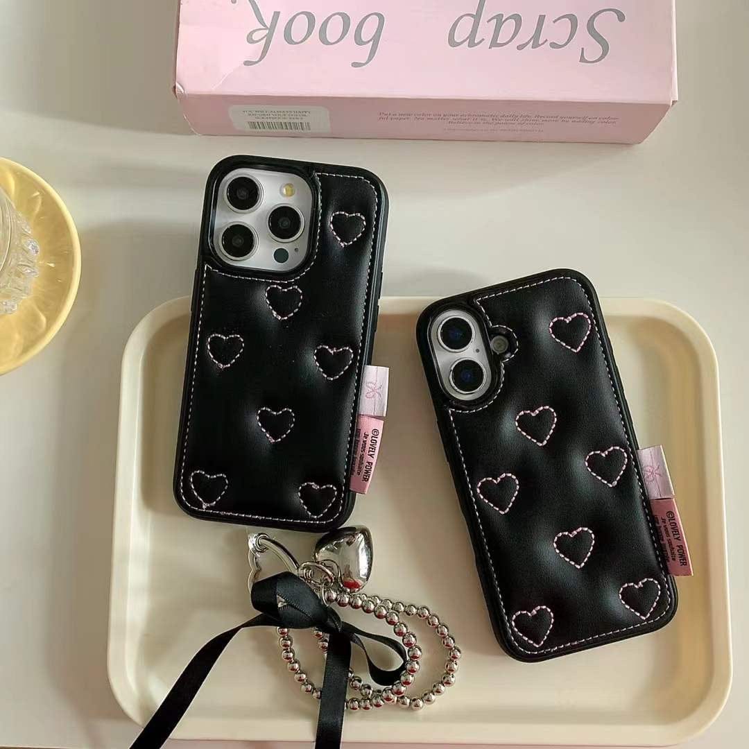 (Buy 1 Get 1 Free) Leather Embossed Heart Pattern Case For iPhone With Bow Charm