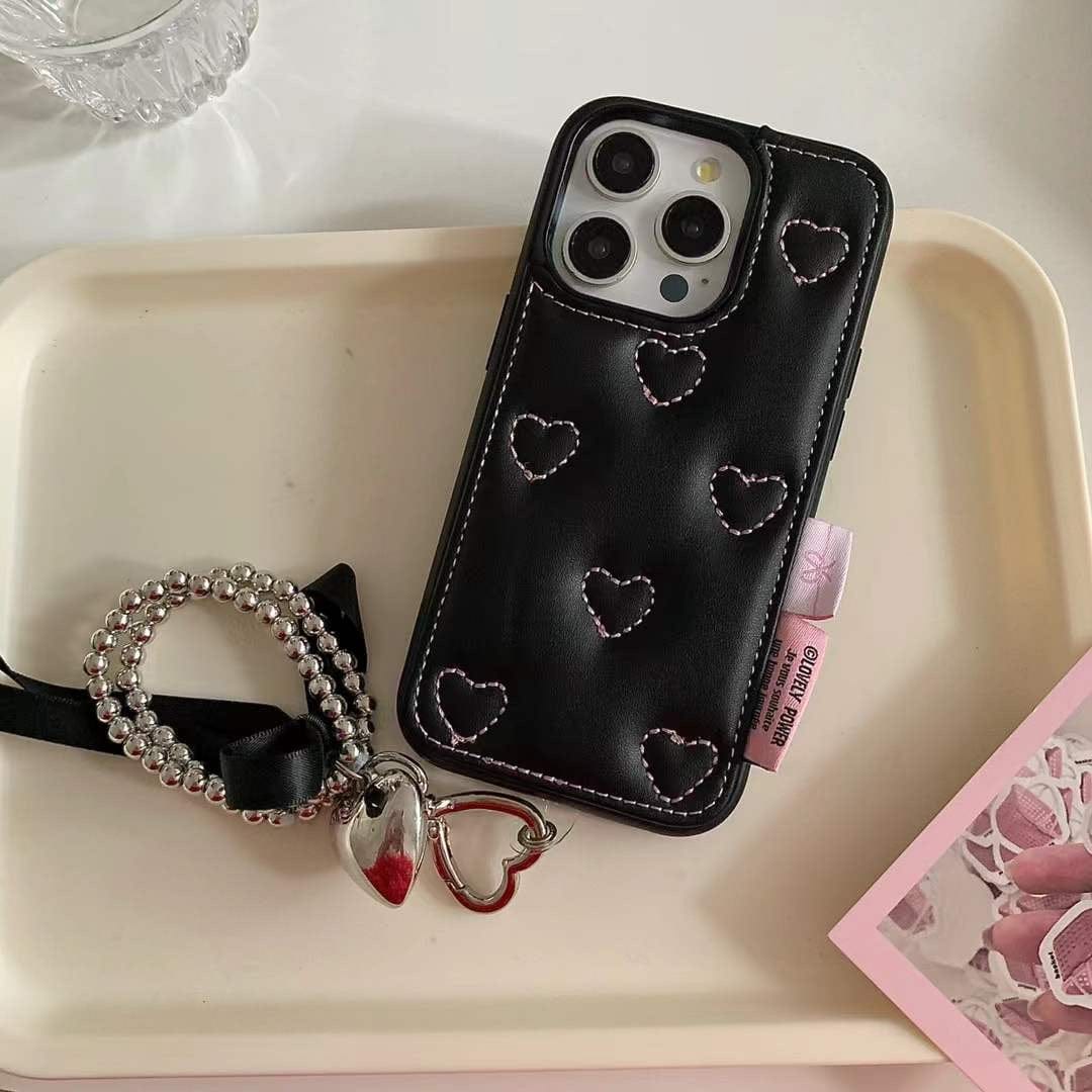 (Buy 1 Get 1 Free) Leather Embossed Heart Pattern Case For iPhone With Bow Charm