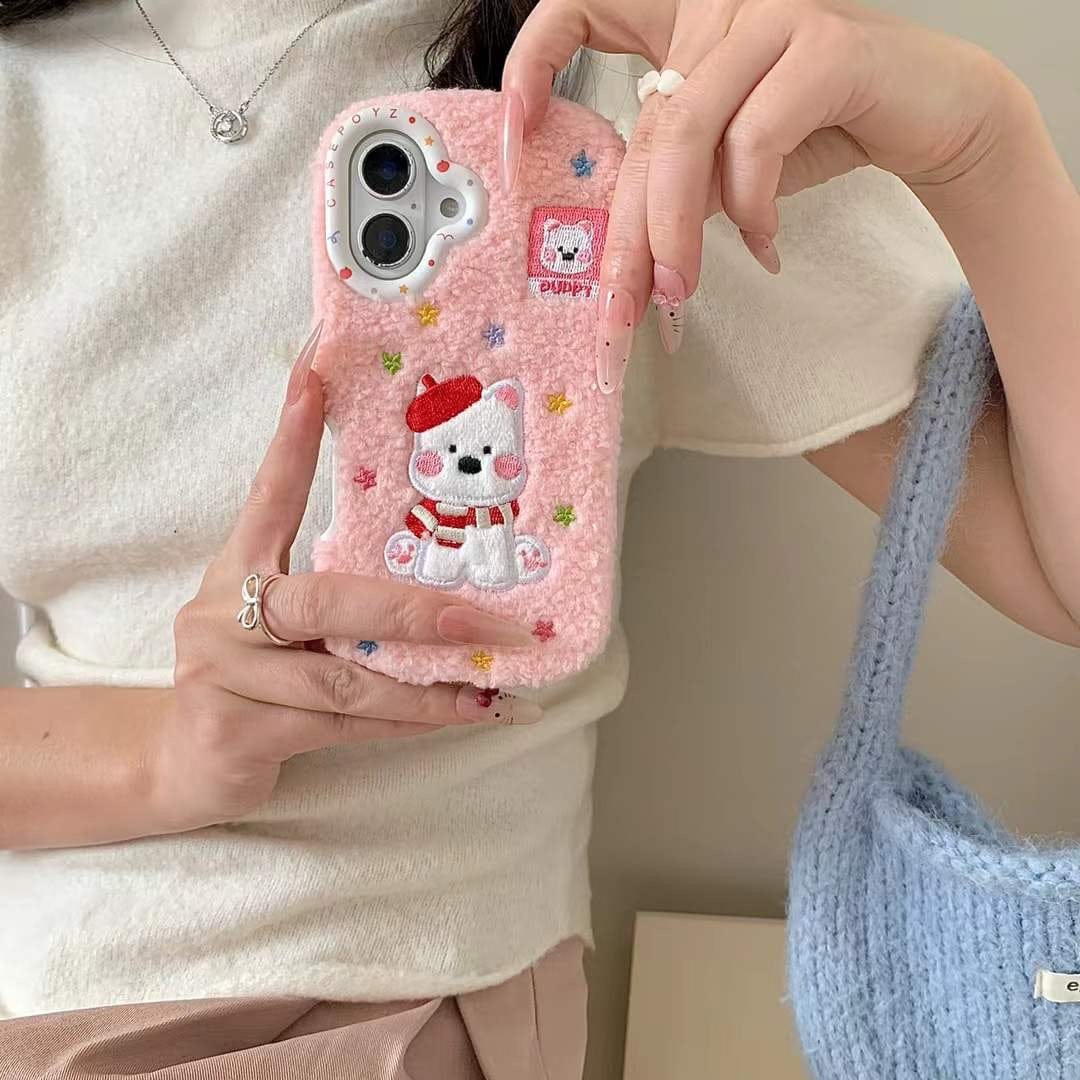 (Buy 1 Get 1 Free) Warm Plush Embroidery Puppy iPhone Case With puppu String Holder