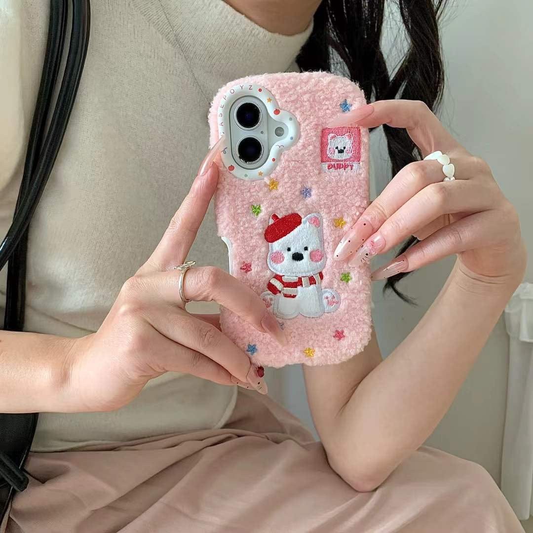 (Buy 1 Get 1 Free) Warm Plush Embroidery Puppy iPhone Case With puppu String Holder