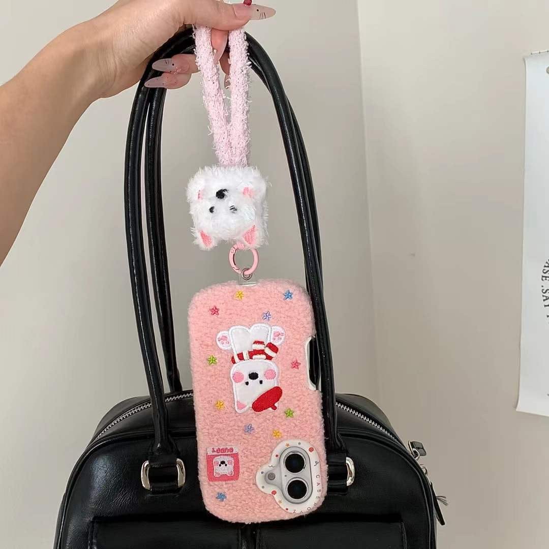 (Buy 1 Get 1 Free) Warm Plush Embroidery Puppy iPhone Case With puppu String Holder