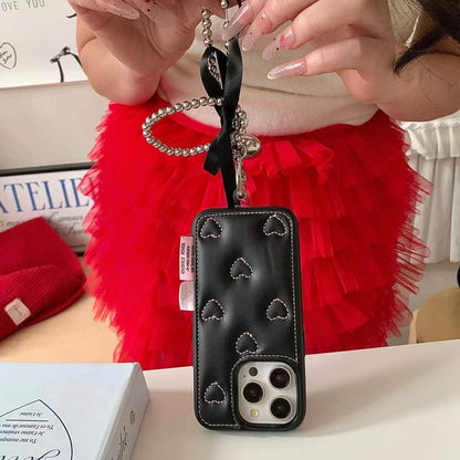 (Buy 1 Get 1 Free) Leather Embossed Heart Pattern Case For iPhone With Bow Charm