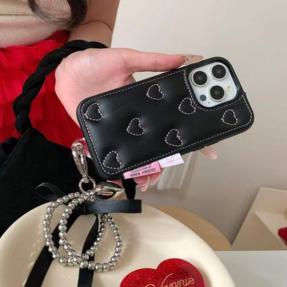 (Buy 1 Get 1 Free) Leather Embossed Heart Pattern Case For iPhone With Bow Charm
