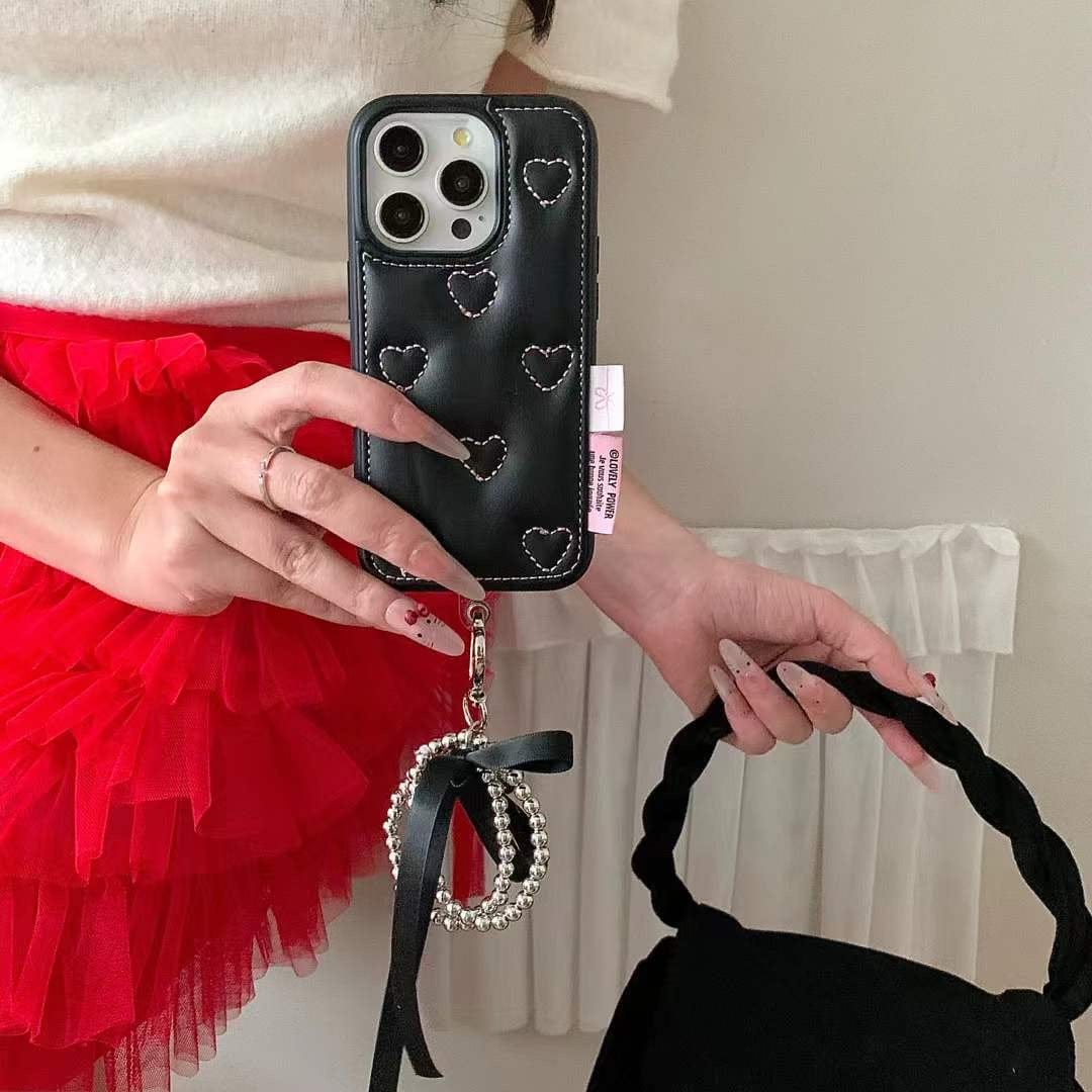 (Buy 1 Get 1 Free) Leather Embossed Heart Pattern Case For iPhone With Bow Charm