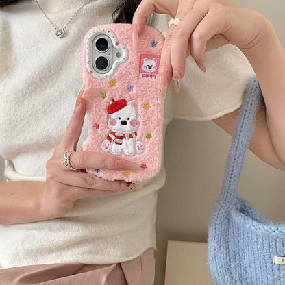 (Buy 1 Get 1 Free) Warm Plush Embroidery Puppy iPhone Case With puppu String Holder
