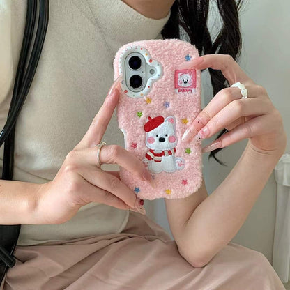 (Buy 1 Get 1 Free) Warm Plush Embroidery Puppy iPhone Case With puppu String Holder