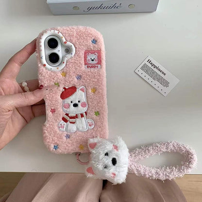 (Buy 1 Get 1 Free) Warm Plush Embroidery Puppy iPhone Case With puppu String Holder