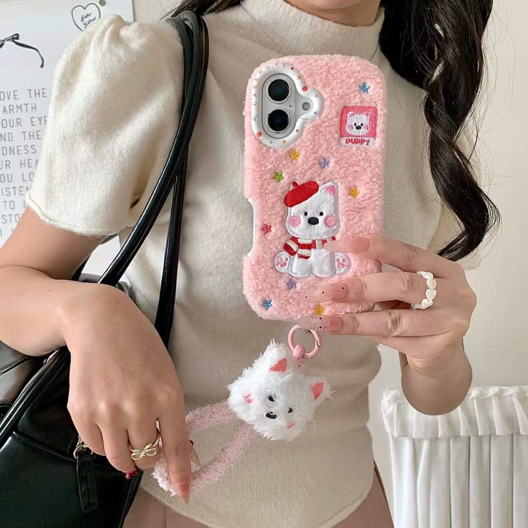(Buy 1 Get 1 Free) Warm Plush Embroidery Puppy iPhone Case With puppu String Holder