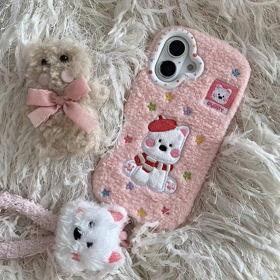 (Buy 1 Get 1 Free) Warm Plush Embroidery Puppy iPhone Case With puppu String Holder