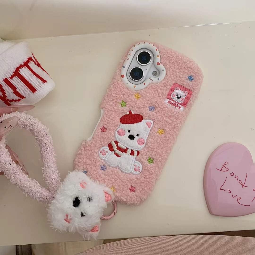 (Buy 1 Get 1 Free) Warm Plush Embroidery Puppy iPhone Case With puppu String Holder