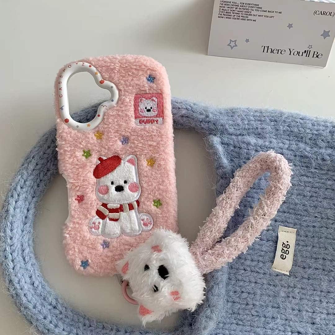 (Buy 1 Get 1 Free) Warm Plush Embroidery Puppy iPhone Case With puppu String Holder