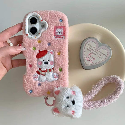 (Buy 1 Get 1 Free) Warm Plush Embroidery Puppy iPhone Case With puppu String Holder